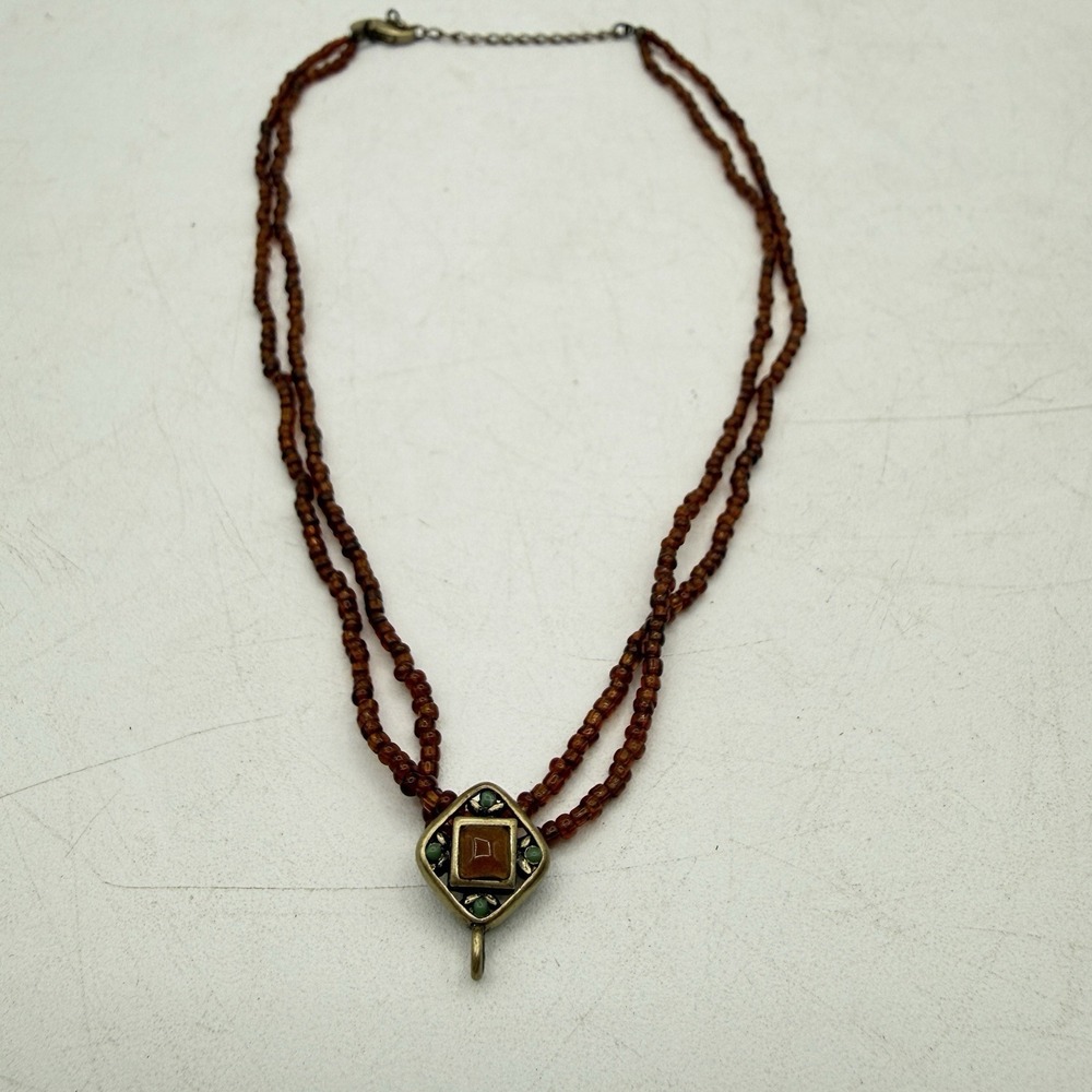 Vintage Beaded Necklace Amber Toned Signed CH Carolina Herrera 18" With Charm